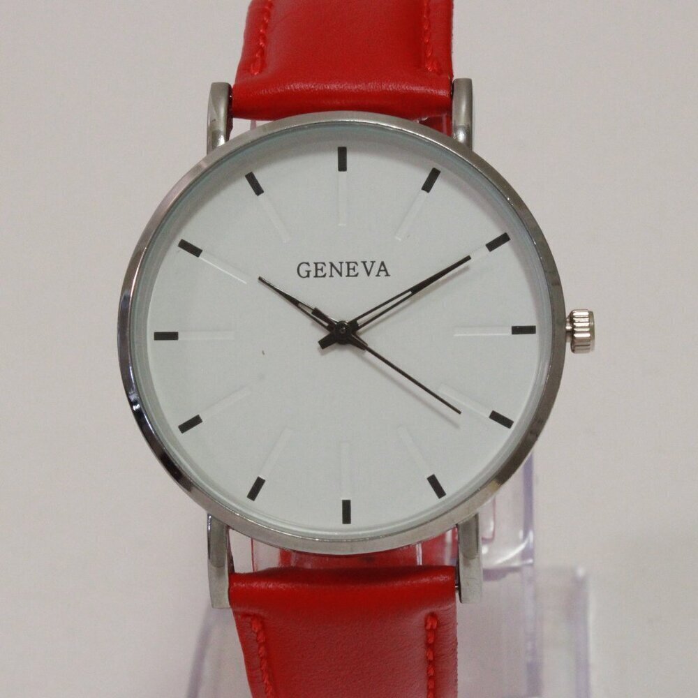 Men's Minimalist Fashion Watch Silver Case White Dial Red Strap 40mm - Picture 6 of 14